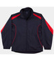 A black and red track jacket with a zip front and elastic cuffs, featuring a logo on the chest.