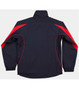 A warm-up jacket in navy with red accents, featuring a logo on the back and elastic cuffs.