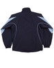 A track jacket in navy blue with light blue accents and a logo. Features a full zip and elastic cuffs.