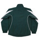 A dark green track jacket with white accents and elastic cuffs, featuring a logo on the back.