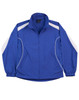 A blue kids' warm-up jacket with white accents and a logo, featuring side pockets and a relaxed fit.