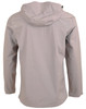 A men's waterproof performance jacket in a light grey colour, featuring a hood and a logo. Back view displayed.