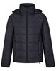 A unisex sustainable seamless parka jacket in black, featuring a zip front and a hood, with a subtle logo.