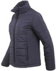 A ladies' sustainable insulated puffer jacket in navy blue with a 3D cut design and a logo.