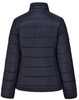 A navy blue ladies' sustainable insulated puffer jacket with a 3D cut and a logo on the back.