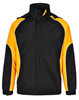 A unisex jacket in black and yellow with a logo, featuring a zip front and high collar.
