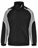 A unisex black jacket with grey detailing and a hood, featuring a logo on the front.