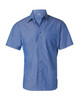 A short-sleeve button-up shirt in a light blue shade, featuring a chest pocket and a logo.