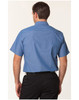A short sleeve button-up shirt in light blue, featuring a collar and a logo on the back.