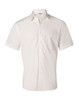 A short sleeve button-up shirt in white, featuring a single chest pocket and a logo on the collar.