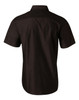 A short sleeve button-up shirt in black, featuring a back yoke and a logo on the fabric.