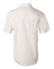 A short sleeve button-up shirt in white, featuring a back yoke and a logo.
