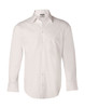 A white long-sleeved button-up shirt with a chest pocket and branding. Made from cotton/poly stretch material.