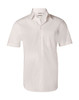 Men's short-sleeve button-up shirt in white, featuring a pocket and a logo on the label.