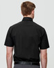 A black men's short-sleeve button-up shirt with a classic collar and fitted style, featuring a logo on the back.