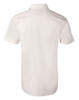 A white men's short-sleeve button-up shirt with a smooth finish, featuring a logo on the back.