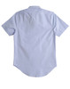 A light blue short sleeve button-up shirt with a smooth texture and a curved hem. Features a logo on the back.