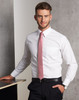 A men's long-sleeve shirt in white with self-stripes, featuring a pocket and styled with a pink tie.
