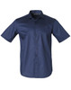 A navy short-sleeve button-up shirt with a pocket and a logo on the collar.