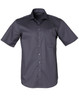 A short-sleeved, button-up men's shirt in dark grey, featuring a striped design and a chest pocket. It has a logo on the collar.