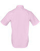 A short-sleeved, button-up shirt in light pink, featuring a smooth back design and a logo.