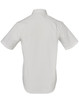 A short-sleeved button-up shirt in light grey with a striped design and a brand logo.