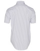 A men's short-sleeve button-up shirt in white with navy ticking stripes, featuring a standard collar and a logo.