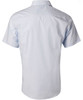 A short-sleeve, button-up shirt with fine stripes, in a light blue colour, featuring a logo on the back.