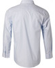 A light blue long sleeve button-up shirt with fine stripes and a back view, featuring a logo on the label.