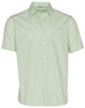 A green striped button-up shirt with short sleeves and a single chest pocket. Features a logo.