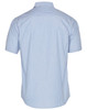 A blue and white striped men's short sleeve button-up shirt with a back view. Features a collar and a branding logo.