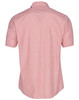 A men's short sleeve button-up shirt featuring a red and white vertical stripe pattern and a logo on the back.