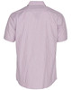 A short-sleeve button-up shirt featuring a vertical stripe pattern in shades of red and white. It has a collar and a logo.