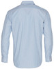 A long sleeve button-up shirt featuring a blue and white stripe pattern, with a collar and cuff buttons.