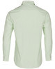 A long sleeve button-up shirt in light green with a striped pattern and a logo on the back.