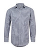 A men's long-sleeve button-up shirt in a blue and white gingham check pattern, featuring a collar and cuffed sleeves.