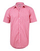 A short-sleeved button-up shirt in red and white gingham check pattern, featuring a pocket and a logo.