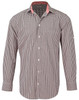 Men's long-sleeve button-up shirt in a black and white gingham check pattern with red detailing on the collar.