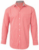 A red and white gingham check long sleeve button-up shirt featuring roll-up sleeves and a contrasting interior.