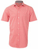 A short-sleeved men's button-up shirt featuring a red and white gingham check pattern, with a logo on the chest.