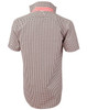 A brown and white gingham check short-sleeve button-up shirt with a red collar and branding.
