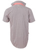 A short-sleeved men's shirt featuring a black and white gingham check pattern, with a contrasting collar and a logo.