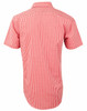 A short-sleeve men's button-up shirt in red and white gingham check pattern with a collar and logo.