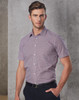 A short-sleeved, button-up shirt in a two-tone mini check pattern featuring shades of burgundy and white.