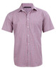 A short-sleeved button-up shirt featuring a two-tone mini check pattern in red and white. Includes a chest pocket and branding.