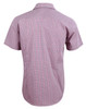 A men's short-sleeve button-up shirt featuring a red and white mini check pattern and a back yoke design.