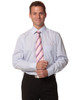 A light blue long-sleeve button-up shirt with a chest pocket, paired with a pink striped tie. Features a logo on the shirt.