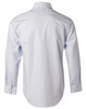 A light blue long-sleeve button-up shirt with a classic collar and a logo on the back.