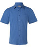 A men's short sleeve shirt in a shade of blue, featuring a button-down front and a patch pocket. It has a logo.