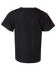A black unisex short sleeve tunic top with a simple design and a logo on the back.